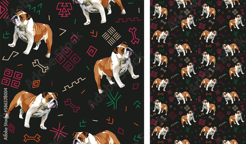 Abstract ethnic pattern with English Bulldog, black history month, juneteenth seamless pattern with hand-drawn lines and colorful shapes in traditional African style. Summer seamless pattern with dogs