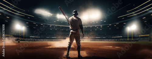 baseball player standing ready in the middle of baseball arena stadium as wide banner with copyspace area - Generative AI photo