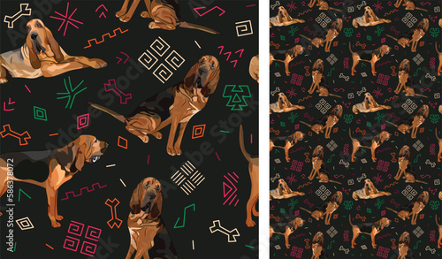 Abstract ethnic pattern with Bloodhound, black history month, juneteenth seamless pattern with hand-drawn lines and colorful shapes in traditional African style. Summer seamless pattern with dogs.