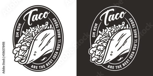Mexican taco vector food with meat and vegetable for logo or emblem. Traditional tacos Mexico food