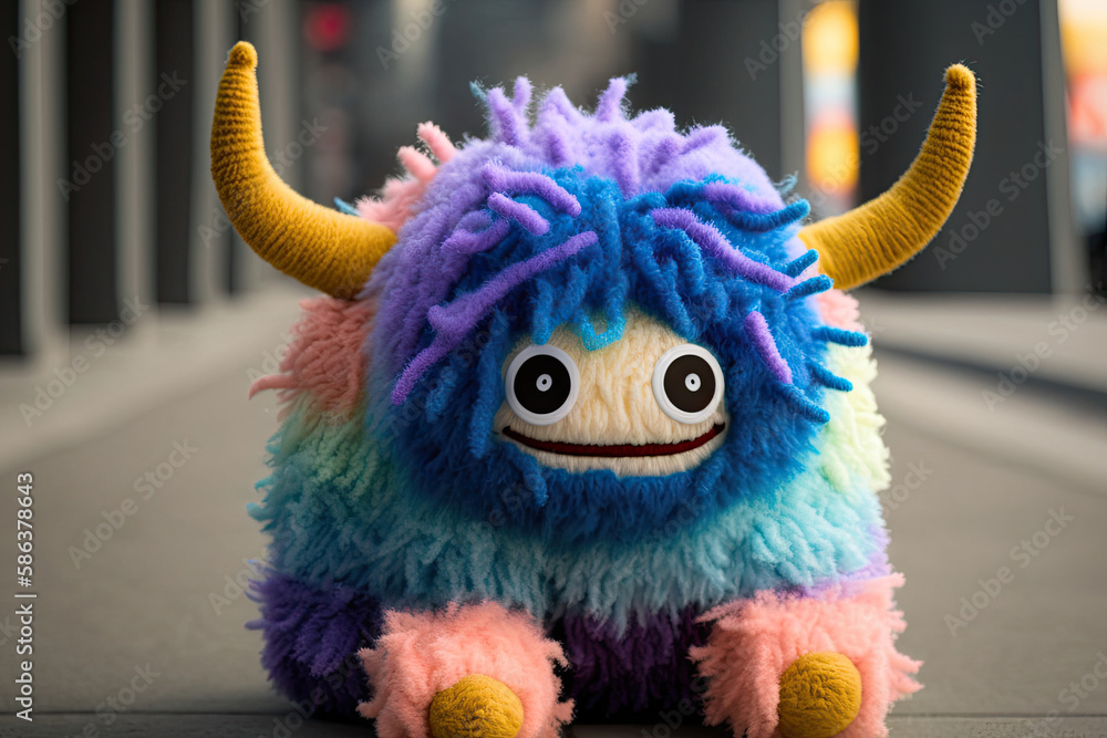 Naklejka premium beautiful colorful cuddly toy for children, plush monster made of wool with two big horns created with Generative AI technology