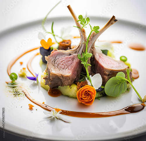 The Delicate and Juicy Lamb Rack: A Fine Dining Treat. AI Generated Art. Concept Art for Foodies. Restaurant. Fine Dining in Spring and Summer.