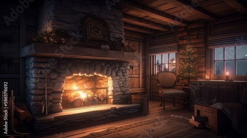 A rustic cabin set in the woods with a log burning in the fireplace and snow. Generative AI