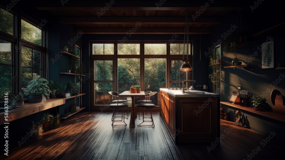 The interior design of office with wooden floor, small windows opening to the buildings. Generative AI The interior design of office with wooden floor, small windows opening to the buildings. Generative AI