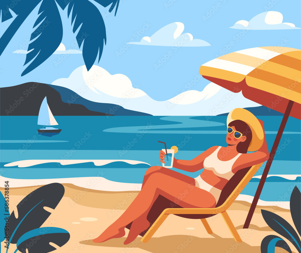 Woman at beach with cocktail. Tourist relaxes with drink in hand at resort. Vacation and holiday in tropical country. Female character enjoy ocean landscape. Cartoon flat vector illustration