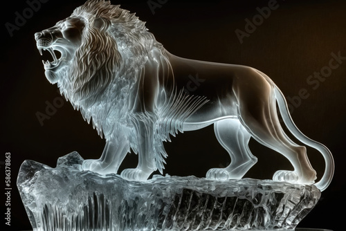 figure of a proud lion made of ice, handmade elaborately with many details created with Generative AI technology photo