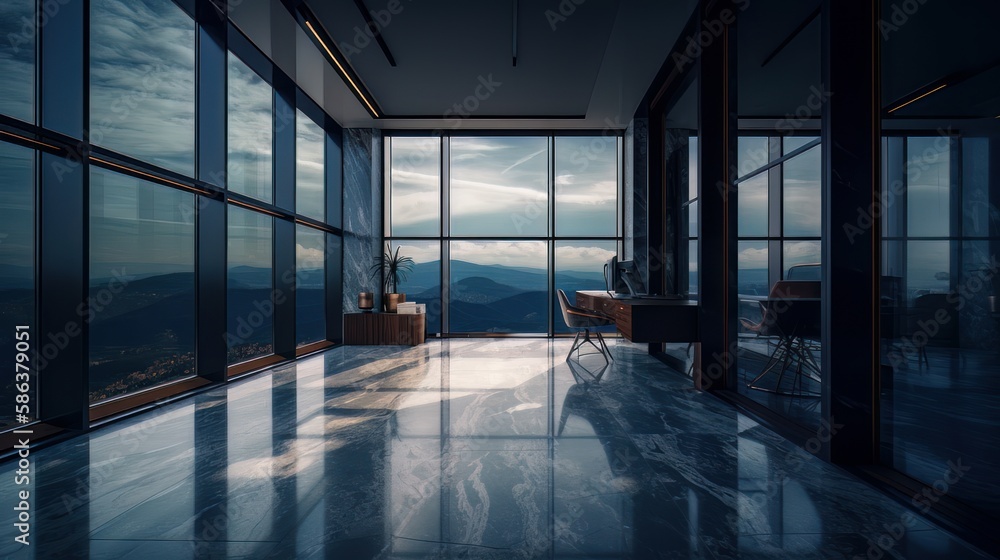Stylized interior design of office with marble floor, small windows opening to the high buildings. Generative AI Stylized interior design of office with marble floor, small windows opening to the high buildings. Generative AI