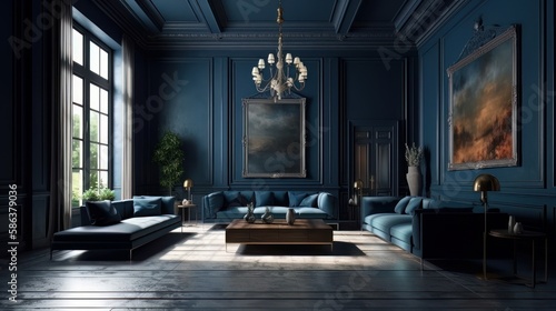 Premium living room in blue tones trend. Generative AI