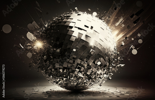 abstract background image of silver disco ball that shatters created with Generative AI technology