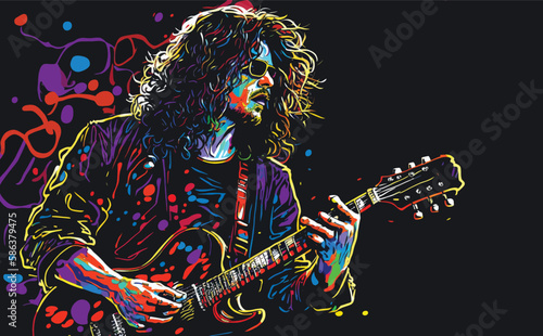 Musician with a guitar. Rock guitarist guitar player abstract vector illustration with large strokes of paint