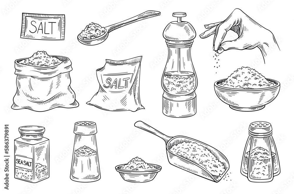 Salt sketch set. Hand drawn wooden spool and bag, salt shaker and human  palm with pinch. Spice and ingredient for cooking delicious food. Cartoon  flat vector illustrations isolated on white background Stock