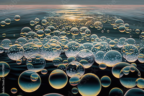 oxygen bubbles rise from the sea, beautiful sunbeams are reflected in the water created with Generative AI technology