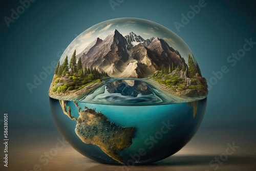 round globe shows mountains and forests the sky and the sea, all the diversity of our beautiful earth created with Generative AI technology © StockMedia