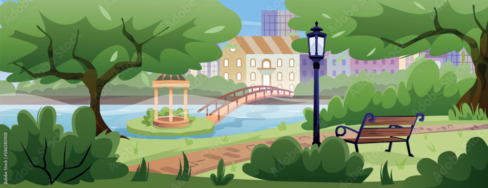 City park with green. Beautiful natural panorama with trees, lake and path. Infrastructure of park with bridge, arbor and benches against backdrop of city skyscrapers. Cartoon flat vector illustration