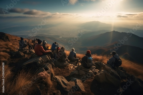 Summit Conquerors. Panoramic shot of a group of hikers standing atop a mountain. Adventure and exploration concept. Trekking. AI Generative