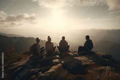 Summit Conquerors. Panoramic shot of a group of hikers standing atop a mountain. Adventure and exploration concept. Trekking. AI Generative