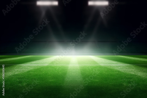 universal grass stadium illuminated by spotlights and empty green playground © Mkorobsky