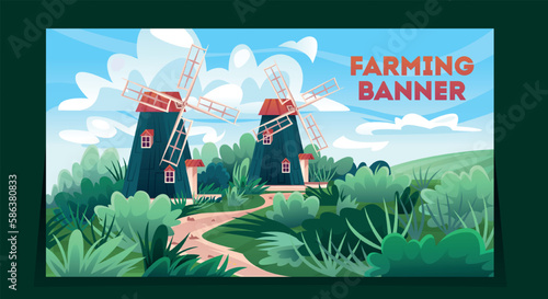 Farming banner concept. Grass road to windmills. Village, rural landscape and agriculture. Spring or summer panorama. Green hills and field with old wind mills. Cartoon flat vector illustration