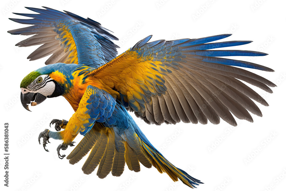 Obraz premium a jungle-themed photographic illustration of a vibrant blue and yellow macaw parrot in flight on a transparent background in PNG. Generative AI
