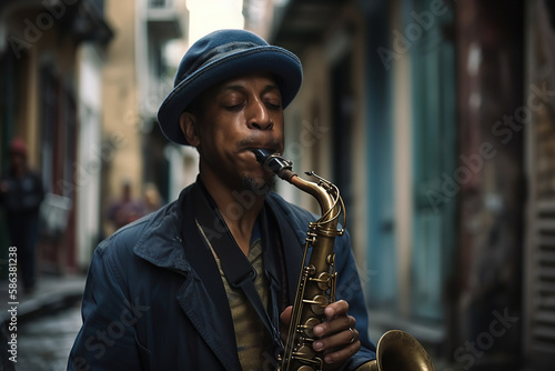 Melodic Rhythm. A talented Jazz street musician playing soulful saxophone in the narrow alleyway. Music and urban lifestyle concept. AI Generative