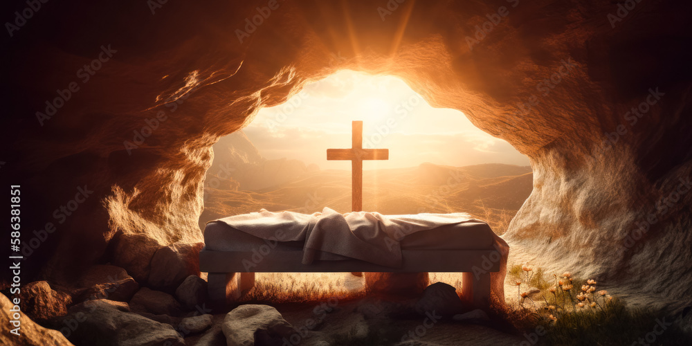 Tomb Empty With Shroud And Crucifixion At Sunrise. Resurrection Of ...