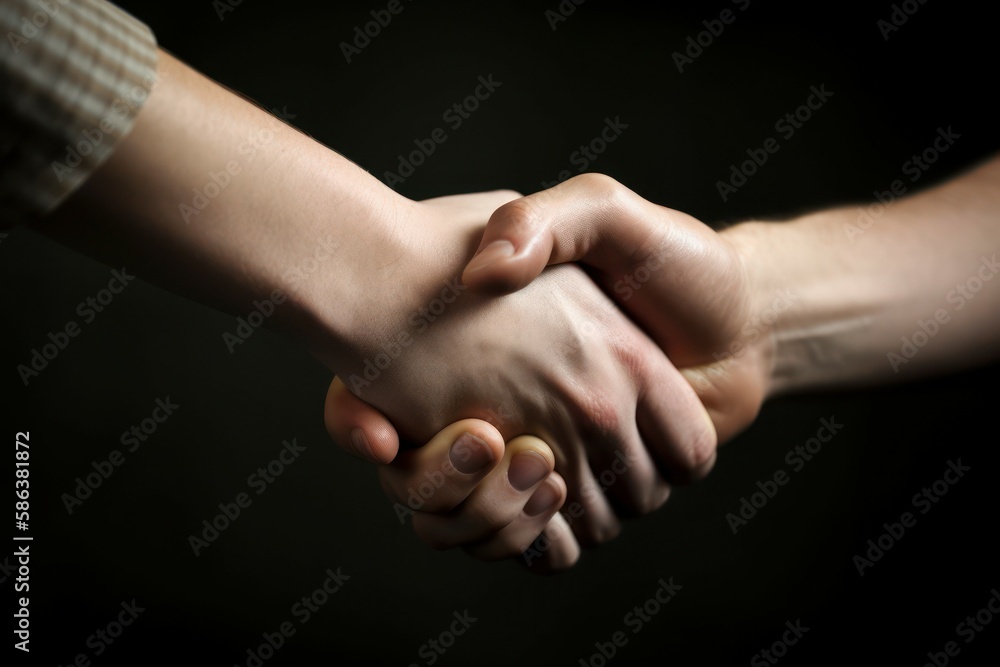 Male and female hand in a handshake. AI generated, human enhanced Male and female hand in a handshake. AI generated, human enhanced