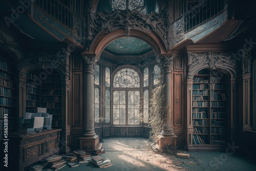 Old ornate abandoned Victorian library. AI generated © top images