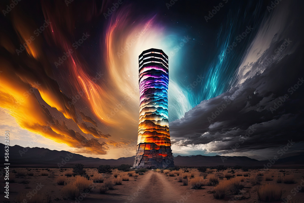 abstract tower stands in the desert it glows in rainbow colors created with Generative AI technology