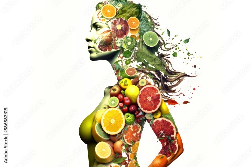 Fruit woman silhouette. Fresh fruits are laid out in the shape of a person. AI generated, human enhanced.