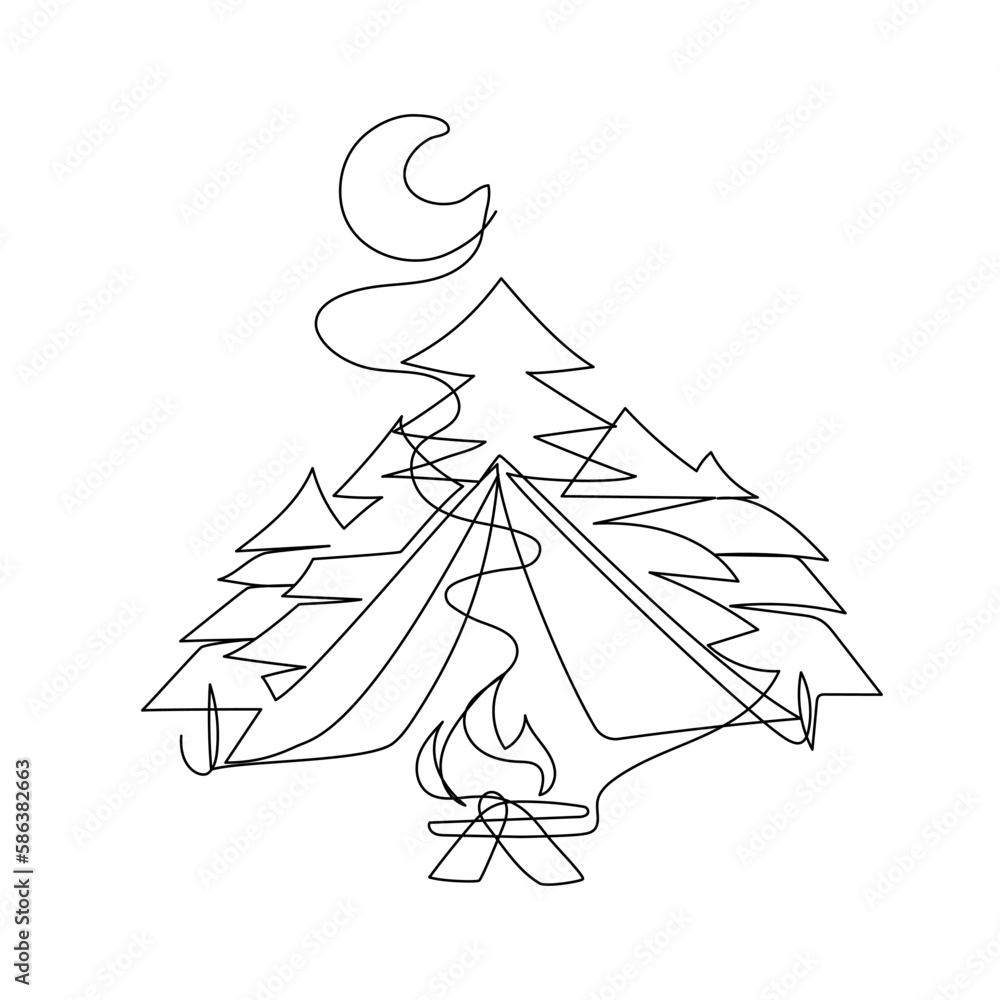 Continuous one line drawing of tent in a wood. Simple vector illustration Continuous one line drawing of tent in a wood. Simple vector illustration