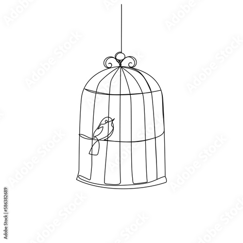 Continuous one line drawing of a bird in a cage. Simple vector illustration