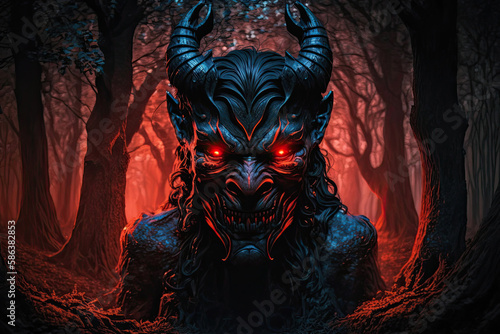 devil with big horns and long wavy black hair and bright red eyes rises from the forest floor created with Generative AI technology