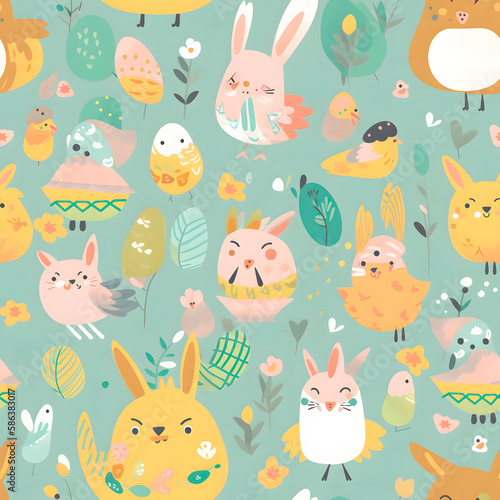 Easter pattern. Cute vector animal floral seamless repeat design background. Simple seamless pattern for fabric, textile, gift wrap, and wallpaper. Generative AI
