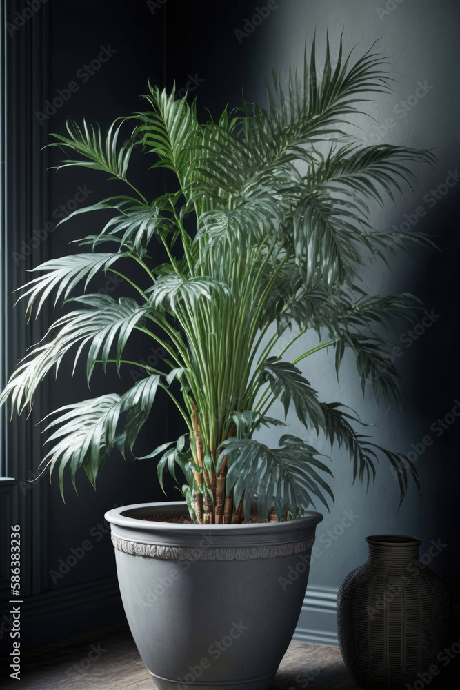 Fototapeta premium big white flowerpot with a palm tree and a brown vase next to it created with Generative AI technology