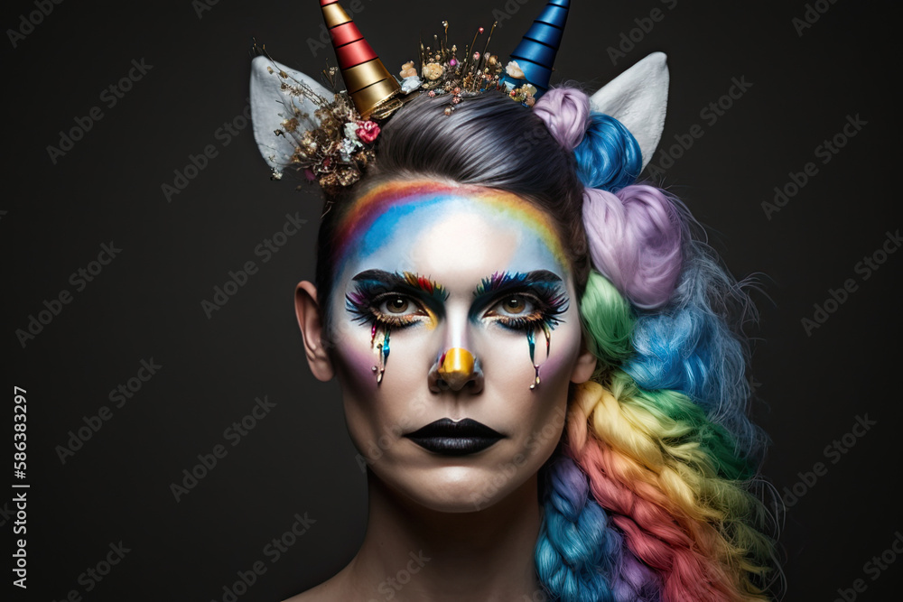 woman with black lips and colorful made up eyes, long hair in rainbow colors tied to the side, white ears and two horns on the head created with Generative AI technology