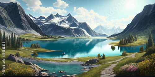 Mountain landscape, lake and mountain range, large panorama. Ai Generative