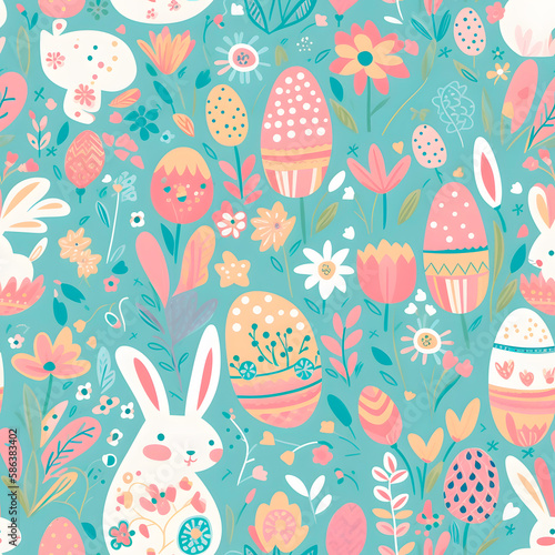 Easter pattern. Cute vector bunny floral seamless repeat design background. Simple seamless pattern for fabric, textile, gift wrap, and wallpaper. Generative AI
