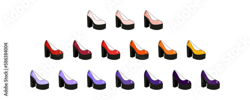 Color High heel shoes. Collection, set of symbols and associations of feminism. Women's rights day, international women's day. Vector illustration