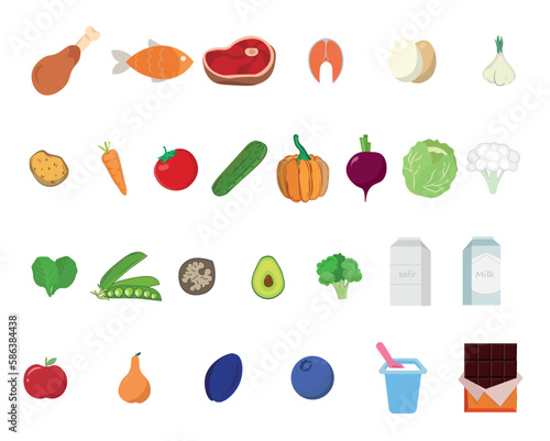 Healthy food set, fruits and vegetables, meat, fish, dessert, vector flat illustrations. Healthy lifestyle. Cooking food.