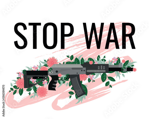 Flower power, flower on the symbol of a soldier's rifle, weapons for peace and stopped the war concept in cartoon illustration vector. Prayer for the world. photo