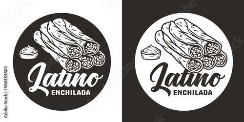 Enchilada vector with meat and rolled tortilla for logo or emblem. Mexico enchilada latin food. Traditional mexican food for poster or banner