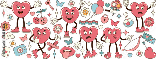 Set of groovy heart stickers in hippie love style. Valentine's Day. Comic happy, surprised, scared, character in retro 60s 70s trendy cartoon style. Retro heart characters and elements.