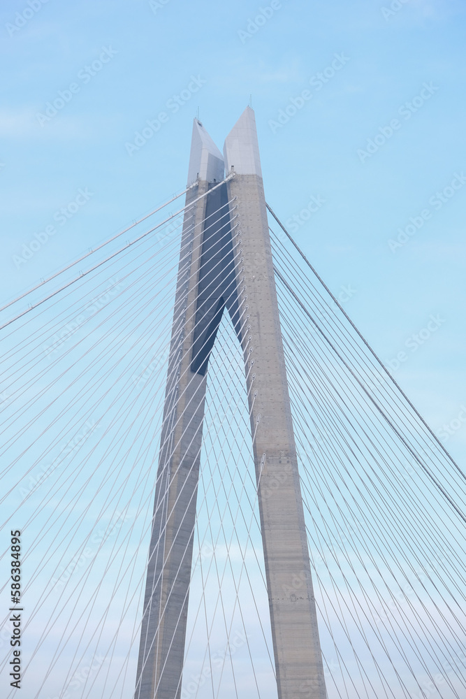Close up tower of bridge details with sky background. Exterior of bridge. Yavuz Sultan Selim Bridge details. Selective focus. Open space area. Close up tower of bridge details with sky background. Exterior of bridge. Yavuz Sultan Selim Bridge details. Selective focus. Open space area.