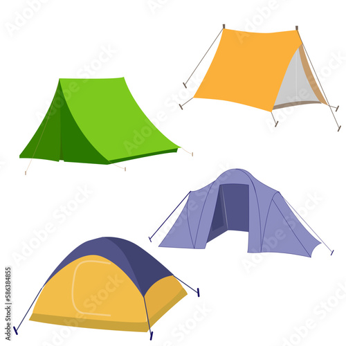 Hiking and camping tent vector icons. Triangle and dome flat design tents collection in green, blue, yellow and orange colors. Tourist camp tents set isolated on white background.