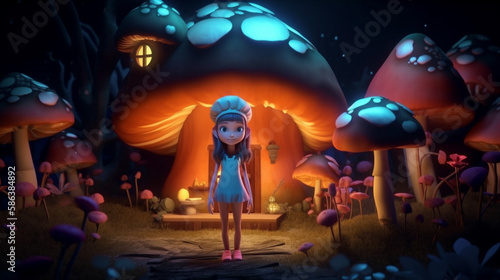 Cute Girl and Mushroom House in the night Garden