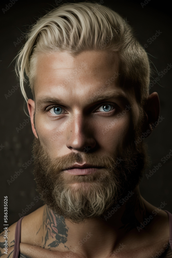 young tattooed man with blond hair and full beard created with Generative AI technology young tattooed man with blond hair and full beard created with Generative AI technology