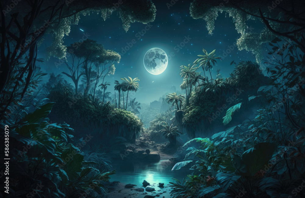 Obraz premium beautiful jungle illustration at night with full moon created with Generative AI technology