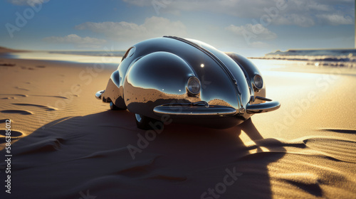 Retrofuturist vehicle, coastal scene- Generative AI