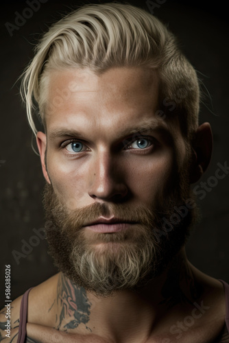 young tattooed man with blond hair and full beard created with Generative AI technology