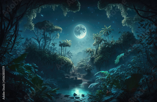 beautiful jungle illustration at night with full moon created with Generative AI technology